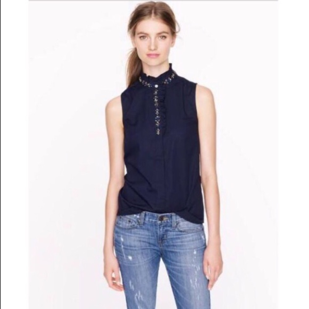 J.Crew Sleeveless Navy Jeweled Collar Top